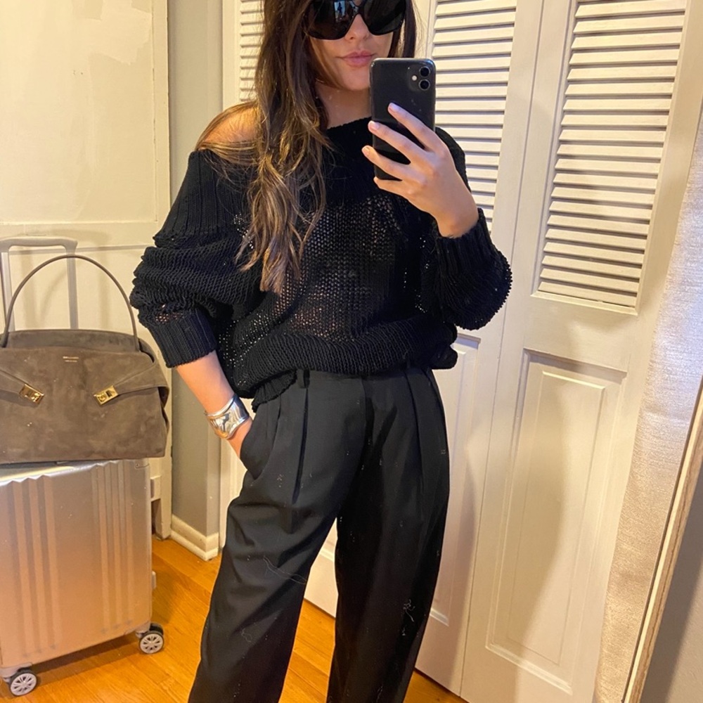 KHAITE Black Open-Knit Off-Shoulder Sweater